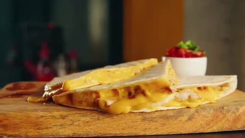 Close Up of Cheese Quesadilla Eating Traditional Mexican Food Tex Mex Cuisine