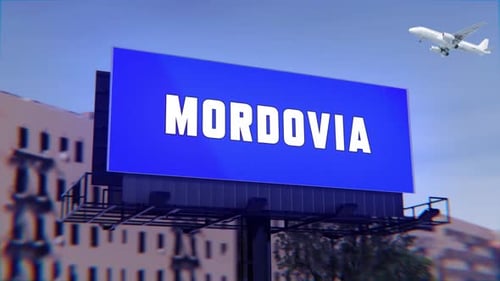 Mordovia Road Sign With A Street Billboard And An Airplane Taking Off In The Background