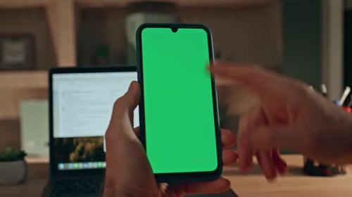 Cellphone User Scrolling Mockup Display Surfing Internet at Home Office Close Up