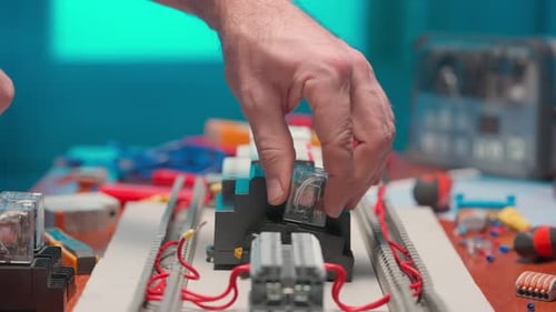 Hands Assembling Circuit Board with Wiring and Components