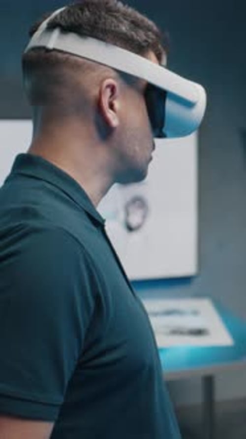 Automotive Engineers with VR Glasses Talk About Car Design Improvement in Office