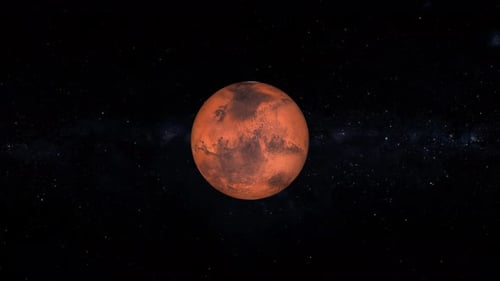 Animação do planeta Marte no espaço. 2150