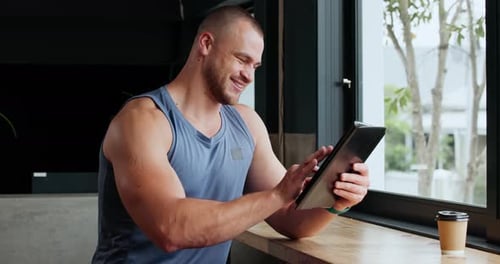 Exercise, man and tablet with typing, smile and connection with workout post and social media