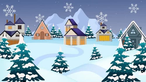 Winter Village Scene with Falling Snowflakes Animation