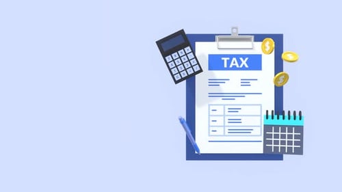 3D Animation of Tax Planning with Forms Coins Calculator and Copy Space.