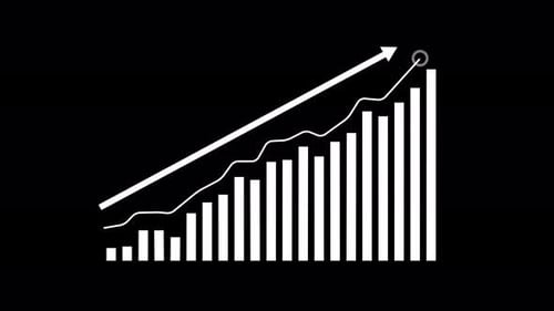 Financial Growth Bar Chart with Upward Trend Line and Arrow on Abstract Grid Background
