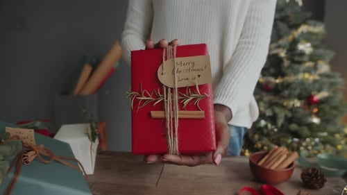 Holding Beautifully Wrapped Christmas Gift with Decorations