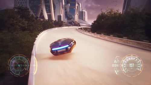 4K, Fake 3D video game. Utopia city sunset race, fake game with HUD.