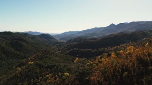 Beautiful mountain landscape, with mountain peaks covered with golden forest, push in drone shot