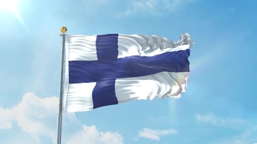 Realistic Waving Finnish Flag on Sunny Blue Sky
