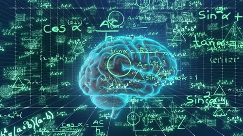 Futuristic Digital Brain with Glowing Mathematical Equations Animation