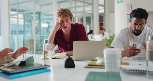 Education, laptop and tired with student in classroom for development, learning or research