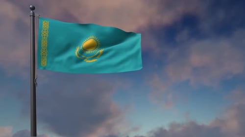 Waving Kazakhstan Flag on Pole Against Cloudy Sky