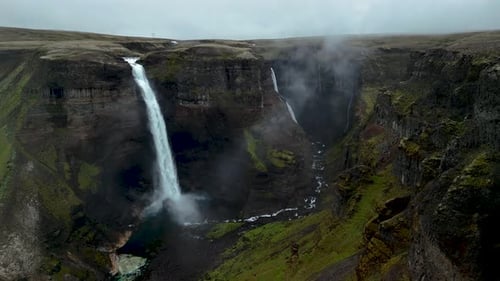 Dramatic Drone Shot of Majestic Iceland Waterfall