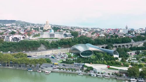 Aerial Shoot of Modern Architecture beside the Bridge of Peace in Tbilisi