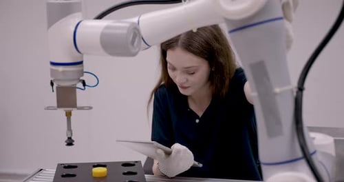Une étudiante évalue le mouvement robotique du bras à l'aide d'une tablette et de gants lors d'un atelier d'assemblage à