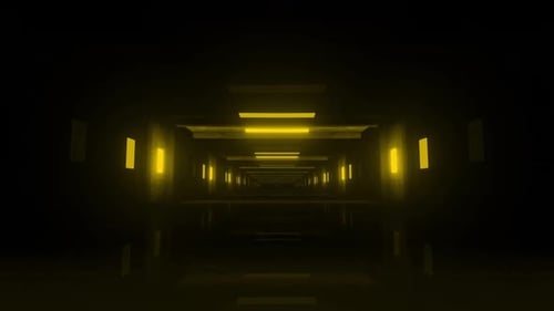 Journey through illuminated yellow tunnel with reflective floor