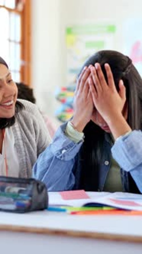 Stress, girl and teacher in classroom, comfort and studying with pressure, help and frustrated