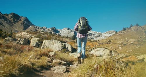 Following Backpacker Tourist on Mountain Vacation Trip at Sunny Day and Enjoy
