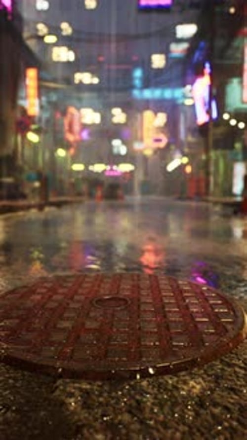Rainy Night in Small Asian Town