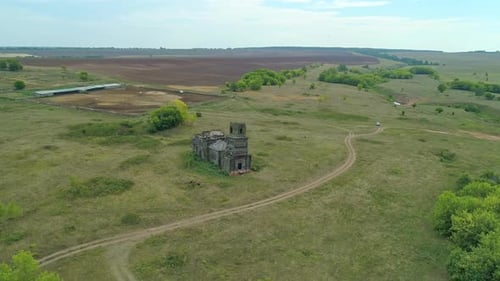 Aerial of an Abandoned Church Ruins of a Wooden Chapel