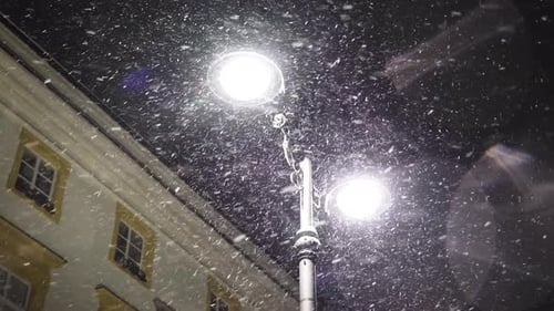 Snowflakes illuminated by bright light in park.