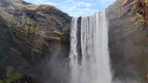 Skogafoss Waterfall In Iceland With Seagulls Close Horizontal Shot