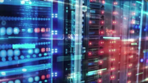 Server Cabinets Behind Glass with Data Streams