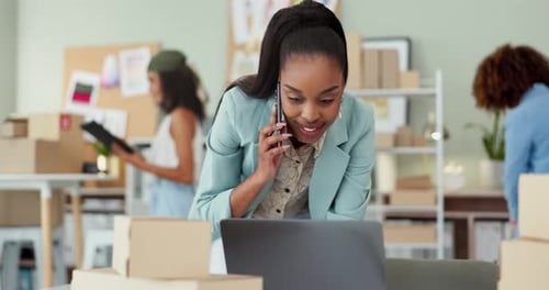 Woman, phone call and boxes with laptop for logistics at shipping workshop with talk to contact