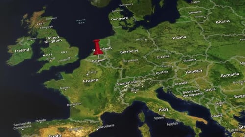 3D Animated Map of Europe with Red Pushpin Location