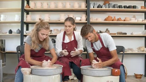 Pottery Workshop the Woman Make a Workshop on Pottery Modeling for a Young Couple Production of