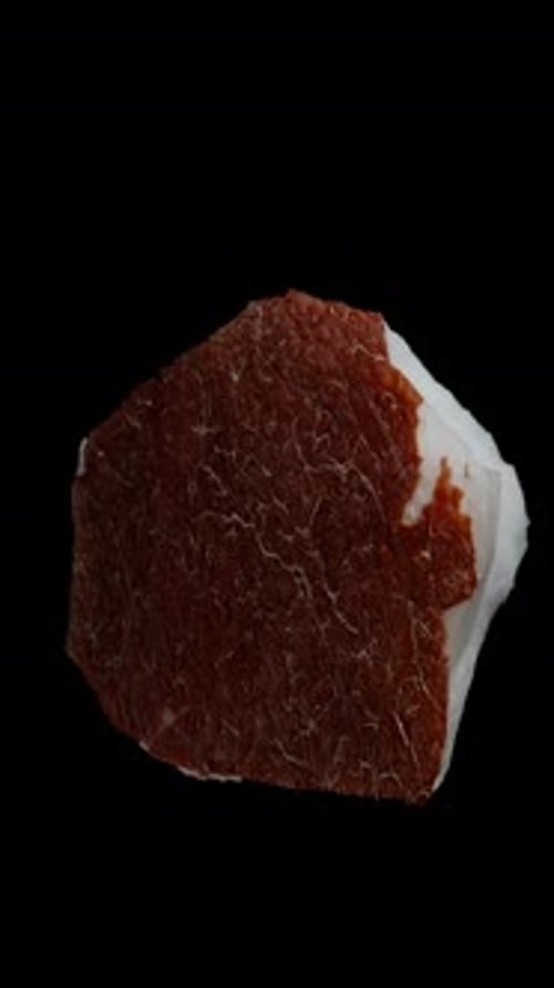Vertical video. A Piece of White Coconut Flesh with Brown Shell, Slowly Rotating on a Black.
