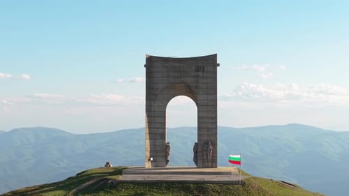 Aerial View of Arch of Freedom Monument at Beklemeto Pass Bulgaria Historic Landmark on Scenic
