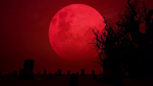 Minimalist Horror Scene with Giant Red Blood Moon over Graveyard and Distant Skeleton