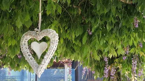 heart pendant with beautiful lavender background blowing at the wind in a sunny day