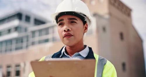 Woman, civil engineer or inspection with clipboard in city for architecture