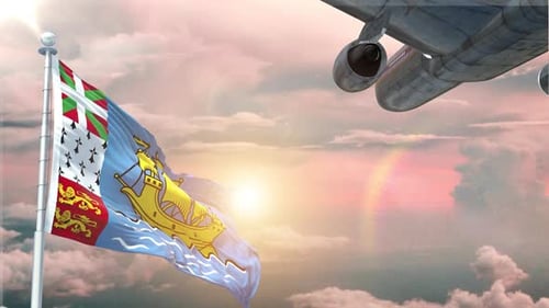 National Flag Waving with Passenger Airplane Flying Over Sunset Sky