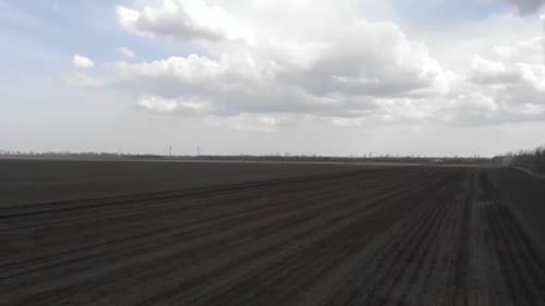 Blue tractor working on the field in Odessa in Ukraine during planting sunflower