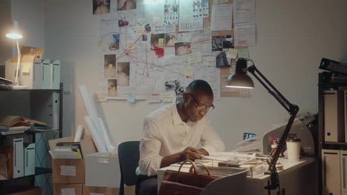 Black Police Officer Reading Crime Scene Report in Office at Night