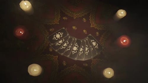 Ansicht von oben auf einen Fan von Tarotkarten, der auf dem Tisch liegt. Bilder sind unsichtbar. Weißer Rauch füllt sich langsam