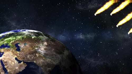Flaming Meteors Approaching Planet Earth in Outer Space
