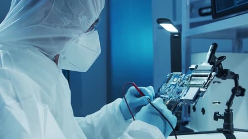 Microelectronics Engineer Works in a Modern Scientific Laboratory on Computing Systems and