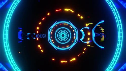 Disco-HUD-Tunnel, flackernde blaue und gelbe Lichter mit rotierenden Elementen, VJ Loop, 3D-Render