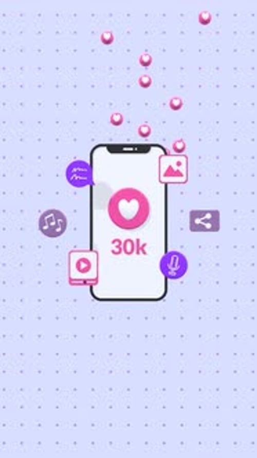 Vertical Animated Smartphone Displaying Like Counter And Surrounded By Floating Social Media Icons.