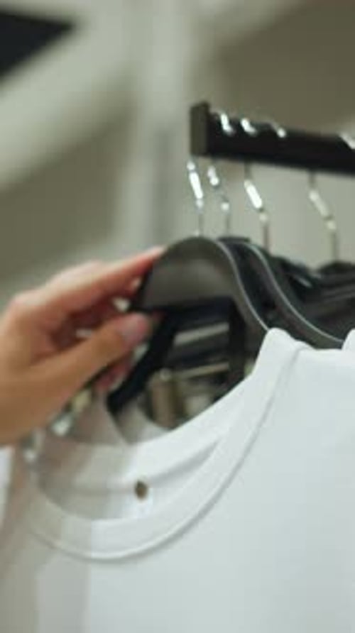 Hand in Pink Cloth Grabs White Top From Rack in WellLit Store
