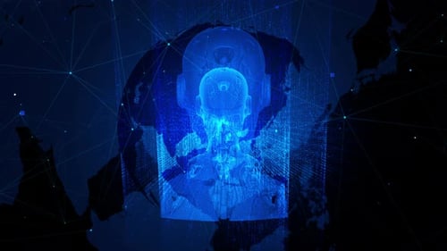 Holograma de inteligencia artificial futurista en una pantalla de mapa mundial digital