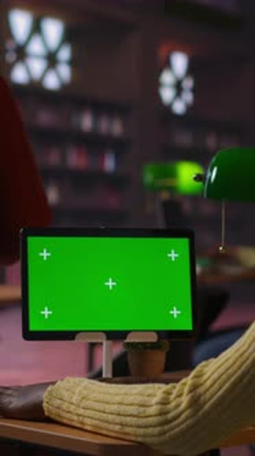Vertical Video African American Teen Focuses on Online Research Next to Isolated Mockup