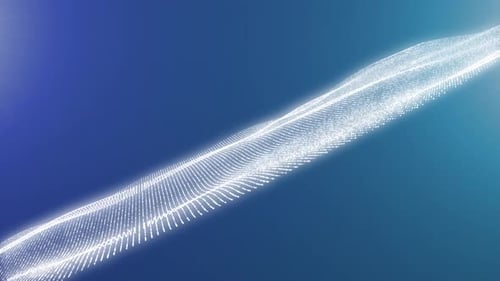 abstrakter Hintergrund mit fließenden Partikeln. Große Datenübertragungswelle. Futuristische neonglühende Oberfläche
