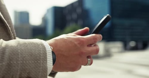 Business person, hands or typing with phone in city for online chatting