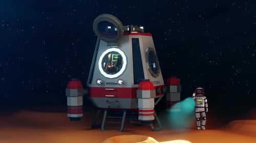 Animated Low-Poly Spaceship Landing and Astronaut Exploring on Planet